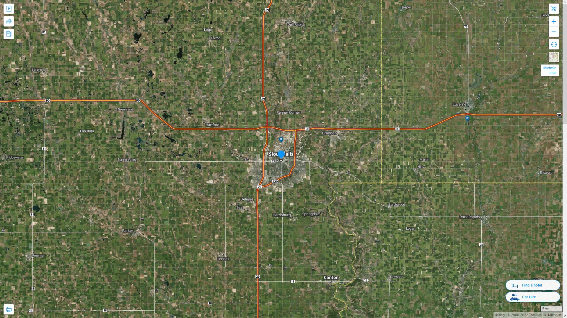 Sioux Falls South Dakota Highway and Road Map with Satellite View